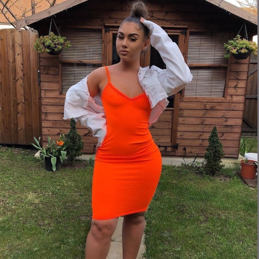 Orange Rib Knit Plunge Neck Bodycon Cami Dress - Picture 1 of 5